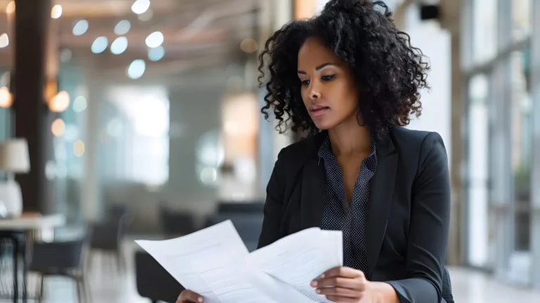 professional woman reading notarized documents